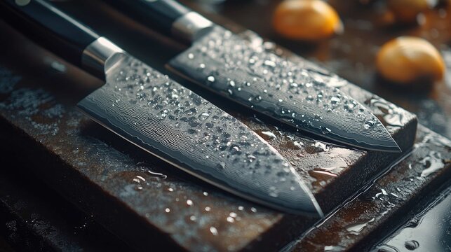 A set of high-carbon steel chef's knives being sharpened on a Japanese whetstone, water glistening on the stone, culinary precision and care, macro shot, focused and professional.