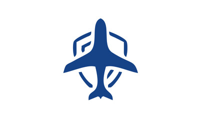 Simple flat design of an airliner on a shield, a vector icon for travel insurance, aviation security, or flight protection concepts