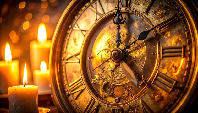 Antique Golden Clock Face Nearing Midnight with Candles.