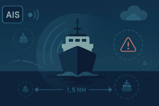 Vector maritime safety illustration of AIS vessel detection system with collision warning and distance measurement for night navigation.