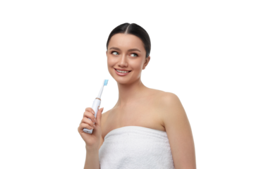 Young woman loves using her electric toothbrush, isolated, PNG