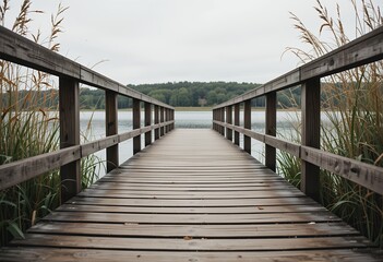 Fototapeta premium Perspective view of a wooden pier extending over a calm lake surrounded by natural vegetation and