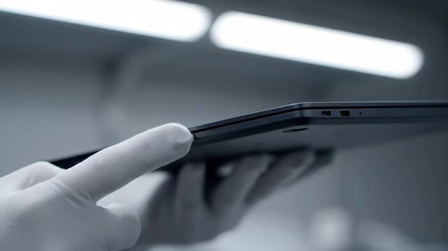 Close-up Gloved Hand Holding a Modern Tablet for Inspection and Examination