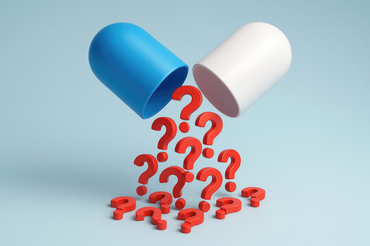 Blue and white open capsule releasing red question marks onto a light blue surface pill medicine