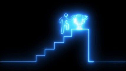 Glowing neon line of man conquering mountain peak icon isolated on transparent isolated success idea, Goal, win, best worker, leadership, Business concept of victory, success, goal on background...  - Powered by Adobe