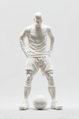 White sculpture of a soccer player striking a dynamic pose, ready to kick the ball with focused determination in a minimalistic setting