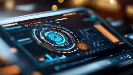 Futuristic digital interface with holographic design on touchscreen display - Powered by Adobe