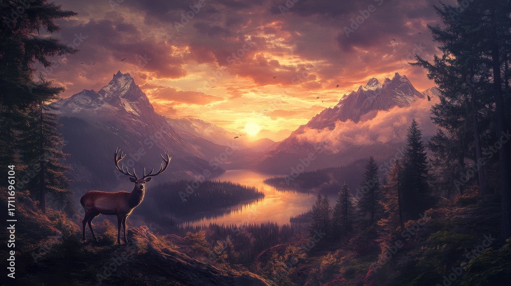 Wall mural sunset on a mountain. deers standing on mountain. lake between mountains. many trees