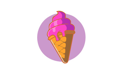 Whimsical Ice Cream Cone Illustration with Pink Swirls and Colorful Circle Background
