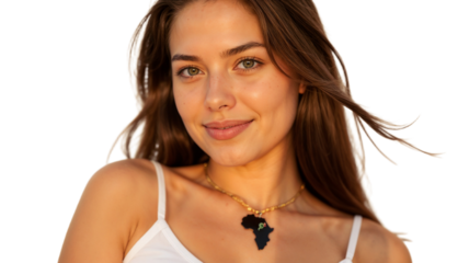 Woman with long hair smiles pleasantly, showcasing a necklace shaped like the African continent. Soft light highlights her features during the evening.
