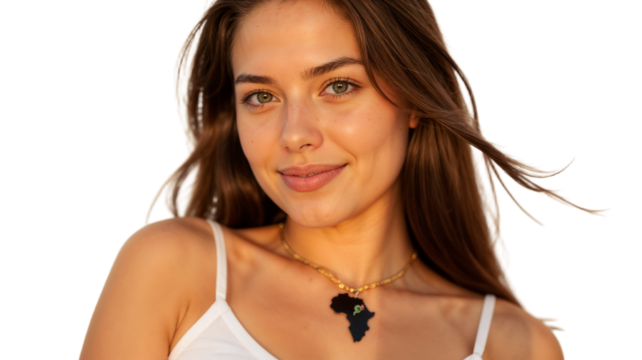 Woman with long hair smiles pleasantly, showcasing a necklace shaped like the African continent. Soft light highlights her features during the evening.