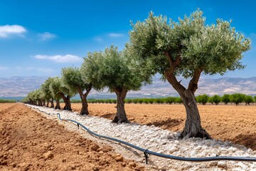 Fototapeta premium Row of olive trees in arid landscape with drip irrigation system under clear blue sky