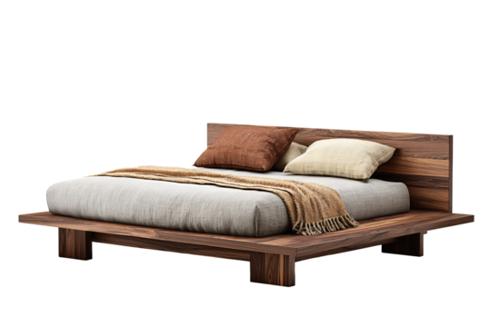 Minimal walnut platform bed featuring clean joinery, smooth satin oil surface, accented with stacked linen cushions and woven textile, isolated on transparent background.
