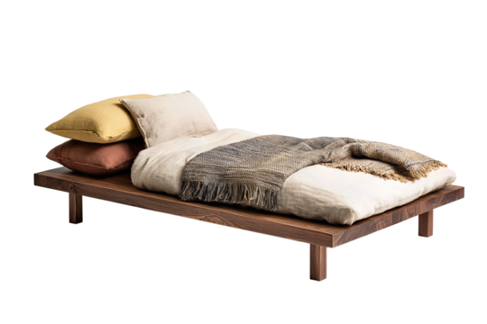 Low platform bed in minimalist walnut design with visible joinery, satin oil finish, topped with rust and cream linen cushions and a woven throw, isolated on transparent background.
