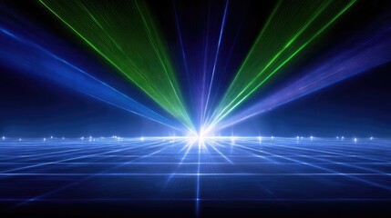 Laser beams explode from a central point on a gridded stage