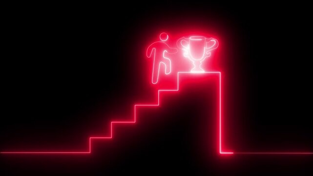 Glowing neon line of man conquering mountain peak icon isolated on transparent isolated success idea, Goal, win, best worker, leadership, Business concept of victory, success, goal on background... 