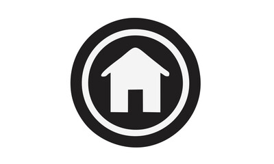 A simple black and white icon representing a house within a circle, symbolizing home, residence, or property