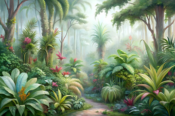 Obraz premium Tropical Rainforest Path Misty Jungle Scene with Lush Greenery and Colorful Flora