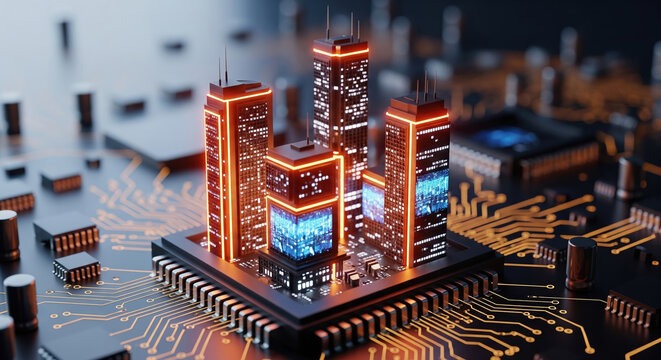 Futuristic smart city with glowing skyscrapers on a computer processor. Concept of digital infrastructure, the metaverse, and advanced urban technology on a circuit board. - Powered by Adobe