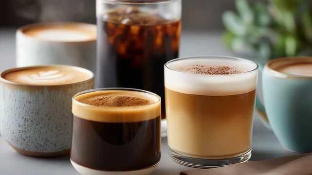 A row of coffee cups with different flavors and colors. The cups are arranged in a row on a table
