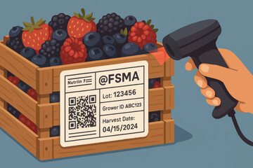 Vector illustration of QR code scanning on fruit crate label, showcasing traceability, logistics and modern packaging system.
