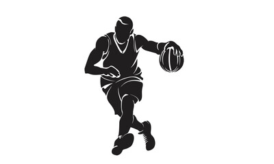 Minimalist black and white vector graphic of a basketball player dribbling, capturing the essence of athletic power and movement