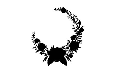 Elegant black floral crescent moon silhouette design. A decorative botanical arrangement shaped like a new moon, symbolizing nature's beauty and nocturnal charm within a minimalist art style