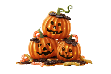 Three carved pumpkins stacked vertically, lit from within, playful candy scattered at the base, spooky yet fun seasonal decoration, isolated on transparent background.
