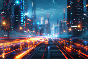 Obraz premium Colorful light trails and futuristic skyscrapers create a vibrant cityscape at night