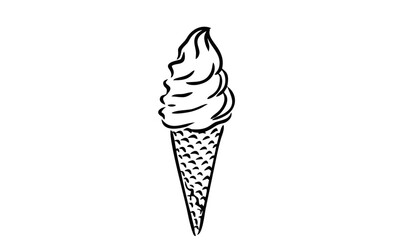 A simple black and white line art illustration of a soft serve ice cream in a waffle cone.