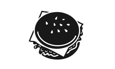 A stylized black and white illustration of a hamburger with sesame seeds on the bun.