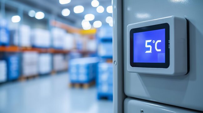 Temperature Display at Five Degrees Celsius in a Cold Storage Warehouse Environment
