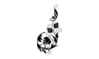 A black and white illustration of a decorative floral flourish with swirling vines and small blossoms.