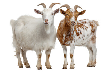 Fototapeta premium Domestic goats pair in natural tones, white and brown-spotted, standing aligned with rustic detail, isolated on transparent background. 