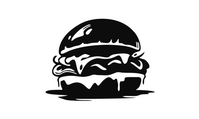 Stylized black and white illustration of a classic hamburger with melted cheese and various toppings.
