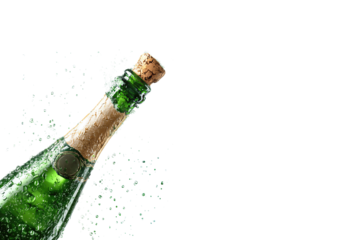 Green champagne bottle with cork release action, bursting fizz and blank label zone, festive frozen motion, isolated on transparent background.
