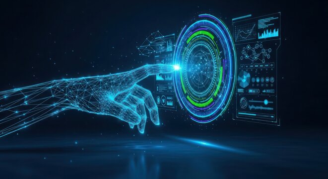 A digital hand interacts with a futuristic interface, activating glowing data visualizations.