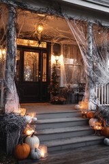 Fototapeta premium Spooky Halloween front porch decorated with pumpkins, candles, spider webs, and eerie lighting, creating a haunted, festive atmosphere perfect for autumn night celebrations.