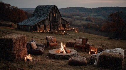 Rustic barn, fire pit, autumnal scene
