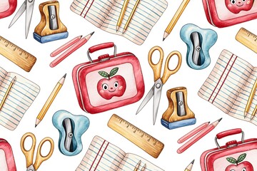 Watercolor Pattern of School Supplies with Cute Apple Lunchbox stationery