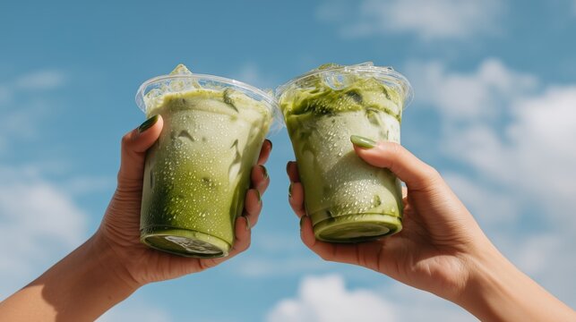 Two hands holding iced matcha green tea drinks against a clear blue sky, celebrating a refreshing summer moment.