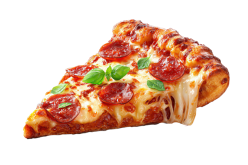 Pizza wedge with bubbling cheese, curled pepperoni, basil garnish and blistered crust, lifted with stretchy cheese pull, isolated on transparent background.
