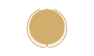 A golden circular emblem with a laurel wreath border on a white background.