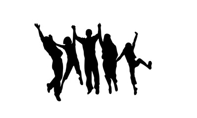 Silhouette of five people jumping in the air with arms raised, celebrating.