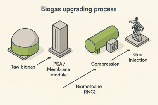 Vector illustration of biogas upgrading process showing conversion to biomethane and injection into grid with clear technical layout.