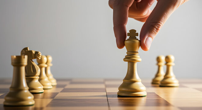 Hand moving chess king piece on a board in strategic gameplay for Boss's Day  