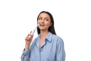Smiling woman cleans teeth with toothbrush, isolated, PNG