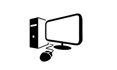 A black and white illustration of a desktop computer with its tower, monitor, and mouse.
