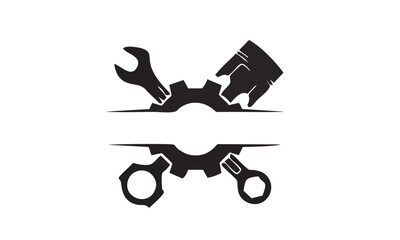 Black and white mechanic logo featuring a wrench, piston, gear, and connecting rod, perfect for automotive businesses.