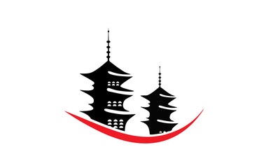 Two black pagodas with a red curved line beneath them on a white background.